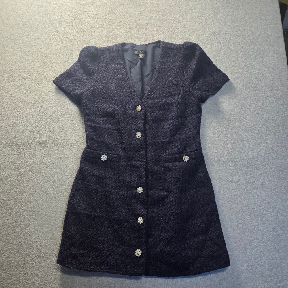 AQUA Mini Dress Womens Large Navy Wool Blend Jeweled Button Preppy Quiet Luxury